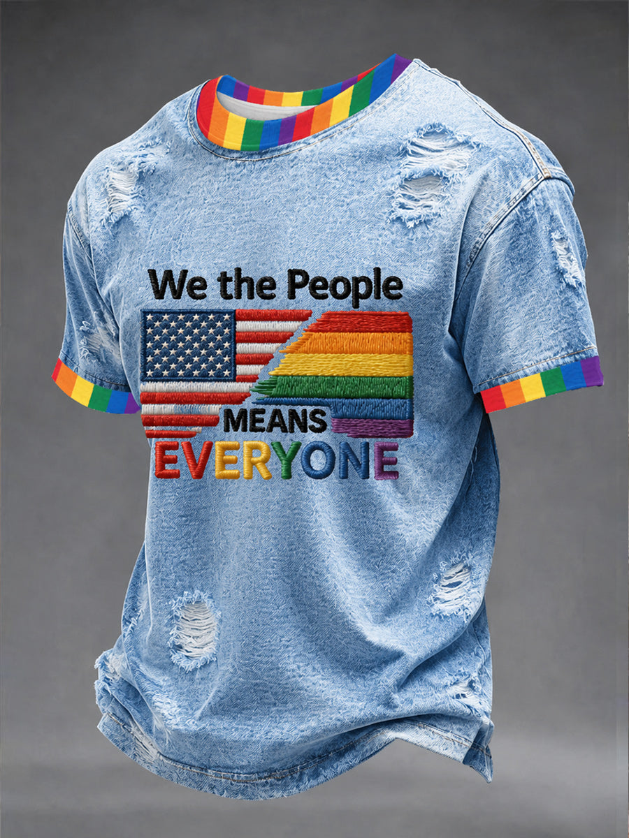Retro Pride Month Rainbow Art Printed Round Neck Short Sleeves T-Shirt
